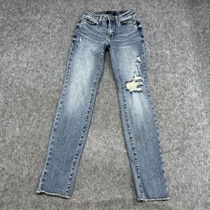 Judy Blue Jeans Womens 1/25 Blue Boyfriend Fit Distressed Raw Hem Stretch Denim